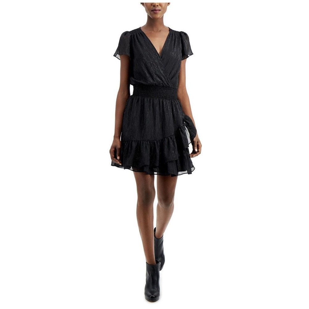 Michael Kors Metallic Crinkled Georgette Ruffled Wrap Dress